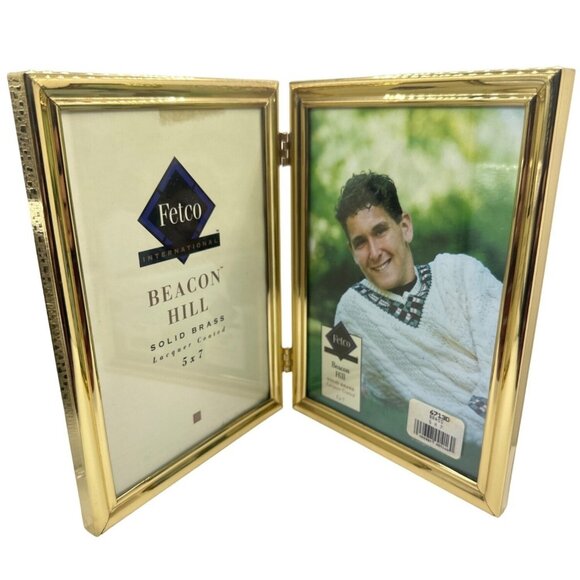 Fetco Beacon Hill Solid Brass Double Picture Frame 5x7 Lacquer Coated - Picture 1 of 6